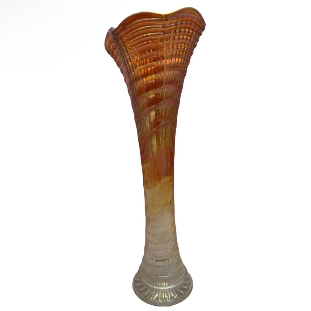 VTG Carnival Glass Swung Vase Marigold Iridescent Ribbed 12” - Picture 3 of 10